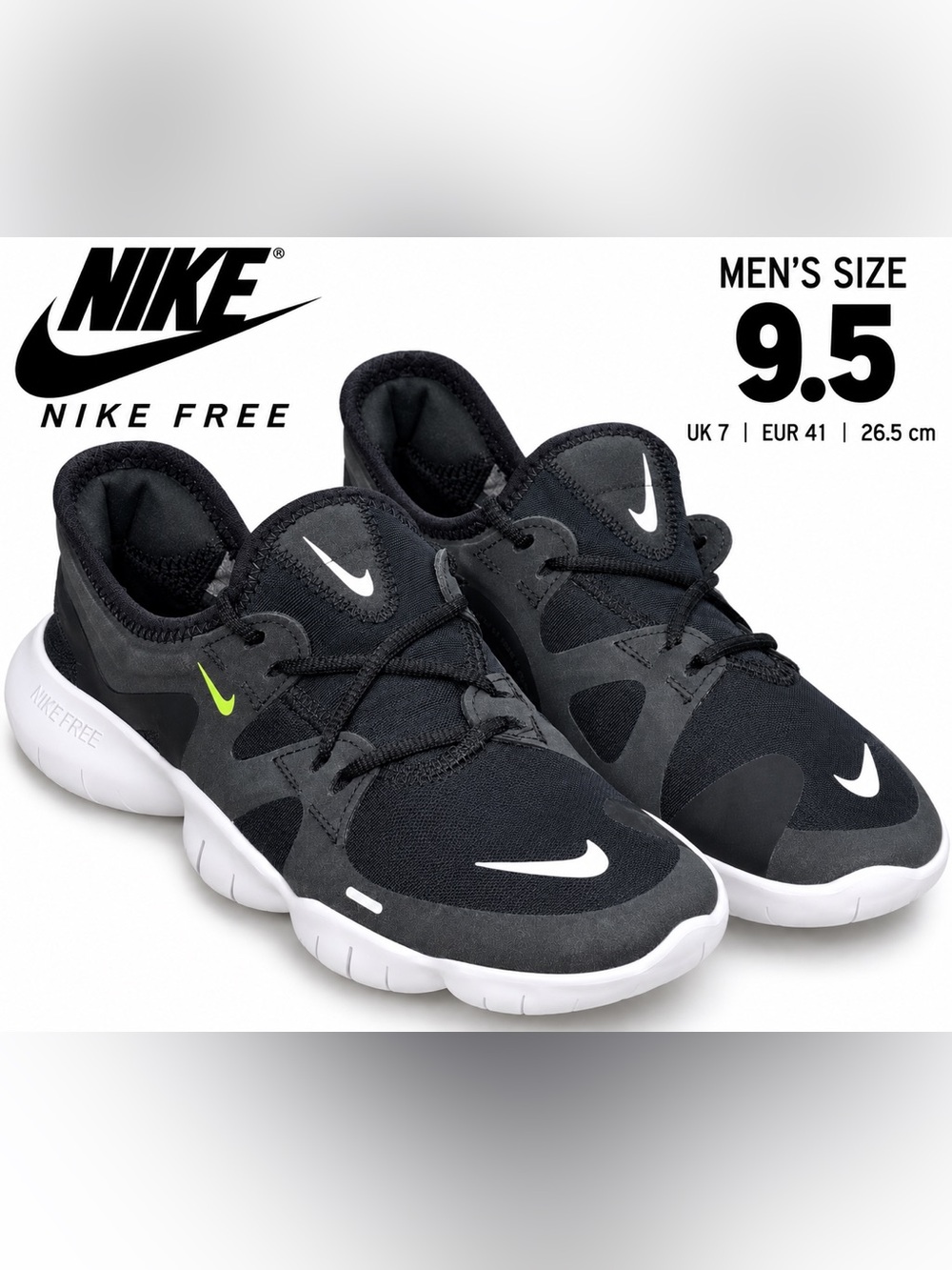 Nike Free RN 5.0 Black White Volt Running Shoes Men’s 9.5 Women’s 11